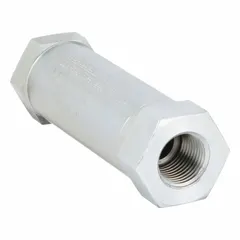 Steel body check valve with 3/8-inch NPT inlet and outlet connections. Rated for 5,000 psi. Allows flow in one direction only, preventing backflow in hydraulic systems.