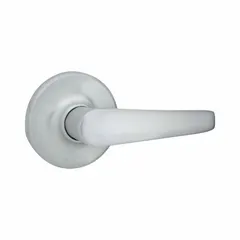 Storeroom lever lockset with ANSI function Hall (F75) for key-only entry from outside and free egress from inside. Satin chromium-plated zinc finish, rose style. ADA compliant. Not ligature-resistant, no visual indicator. Suitable for interior doors in commercial facilities.