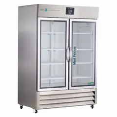 This 49 cu ft upright refrigerator maintains a temperature range of 2°C to 8°C for storing temperature-sensitive medications, vaccines, and biological samples. Features a swing glass door, white finish, and uses R-290 refrigerant. Includes a temperature alarm. Overall depth: 35 3/4 in.