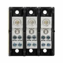Open-style power distribution block with lug-to-lug connections. Accepts line-side wire sizes from 14 AWG to 2/0 AWG. Copper conductors. Designed for surface mounting in industrial control panels, switchgear, and machinery.