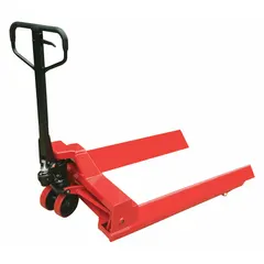 This roll-and-reel pallet jack is designed for moving heavy loads in warehouses and industrial facilities. It features fixed steel forks with a length of 48 inches and overall width of 39 inches, with 24 inches between forks. The steel construction provides strength for standard pallet handling and reel transport.