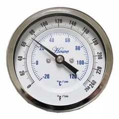 This stainless steel dial thermometer is a replacement component for mixing valve repair kits. It provides temperature indication for water systems, supporting accurate monitoring in commercial or industrial plumbing applications.