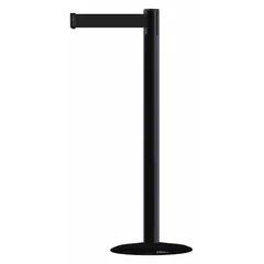 This retractable belt post barrier features a stainless steel base and post with a black finish. The black belt extends to 13 ft and carries no pattern or legend. Suitable for general crowd control, queue management, and area delineation in industrial, commercial, and public spaces.