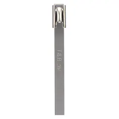 This 316 stainless steel cable tie from TY-RAP features a ball lock locking style and a silver finish. It has a nominal length of 20 1/2 inches, a maximum bundle diameter of 5 7/8 inches, and a width of 0.19 inches. Supplied in a pack of 50, it is suited for bundling and securing cables, hoses, and pipes in demanding environments.