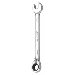 Alloy steel construction with chrome finish. 14 mm 12-point ratcheting box end with offset design. Overall length 7 1/2 inches. Used for tightening and loosening fasteners in confined spaces where swing arc is limited.