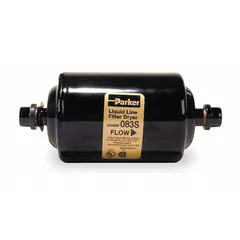 Steel shell filter drier for HC refrigerant systems. Contains a molecular sieve core to remove moisture, acids, and contaminants. Rated for 20-ton systems. Length: 4.4 inches. Compatible with HC refrigerant group.