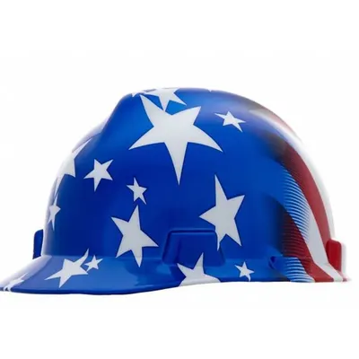 MSA Hard Hat: Blue, American Flag, Ratchet (4-Point), Ratchet, Polyethylene - Patriotic Front-Brim Hard Hats (Type 1, Class E)