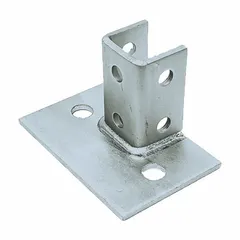 Post base for single strut channels, sized 1-5/8 in x 1-5/8 in. Features 6 holes with 9/16 in diameter for anchoring. Used to secure vertical strut members to floors or foundations in industrial racking, cable tray supports, and mechanical equipment mounting.
