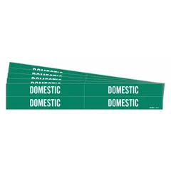 Green adhesive pipe marker with white 'Domestic' legend, designed for labeling domestic water lines in industrial piping systems. Fits pipe outer diameters from 3/4 to 2-3/8 inches. Pack includes 4 markers without arrows.
