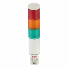 Five-tier tower light assembly with incandescent illumination. Includes amber, blue, clear, green, and red light tiers. Operates at 120V AC. Used for visual status indication on machinery, production lines, and process control systems.
