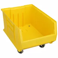 This plastic rolling hopper bin measures 16 1/2 inches by 11 inches and is yellow. It is mobile and stacking capable, suitable for organizing and transporting small parts in warehouses, assembly lines, and workshops