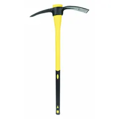 This pick mattock features a steel head with an 8-inch adze and an 8-inch pick, suitable for breaking up hard soil, digging trenches, and chopping roots. The fiberglass handle provides reduced weight and durability for heavy-duty ground work.