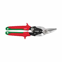 This right-cutting aviation snip has a 10-inch overall length and a 1-1/2-inch cutting length. It features a steel body with TPR handles for grip. Suitable for cutting sheet metal in HVAC, metal fabrication, and construction applications.