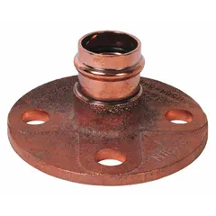 This NIBCO press-fit x flange fitting is made of brass with an EPDM O-ring. It is designed for 1 1/4 in CTS copper tubing in plumbing systems. The flange connection allows attachment to flanged equipment, commonly used in water supply applications.