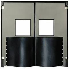 This CHASE insulated swinging door features two gray polyethylene doors, each 5 ft wide by 7 ft high, with a polycarbonate window. It includes door seals, bumpers, and mounting hardware, and meets USDA standards. Suitable for temperature-controlled environments requiring thermal separation.