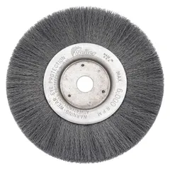 Light-cleaning brush for carbon steel with crimped steel fill. Used for removing rust, scale, and light burrs in metal fabrication, maintenance, and welding preparation. 12 in diameter, 3/4 in width, 1 1/4 in arbor, 0.006 in fill.