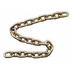 This Grade-70 load-securing chain is made from alloy steel with a gold chromate finish. It is designed for tie-down and cargo securing applications in transportation, construction, and industrial settings.