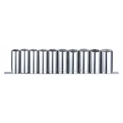This 10-piece socket set includes 6-point metric deep sockets ranging from 22 mm to 32 mm with a 1/2 in drive. Designed for tightening and loosening metric fasteners, the deep sockets provide extended reach for recessed bolts and heavy-duty tasks. The set is tether ready for safety in elevated work environments.
