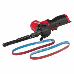 This cordless band file is a bare tool (battery and charger sold separately) designed for deburring, blending, and finishing metal surfaces. It features a 1/2 in belt width and 18 in belt length with 360° rotation for access in tight spaces. Suitable for fabrication, welding, and automotive repair applications.