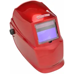 This auto-darkening welding helmet features a red nylon shell with a fixed W10 shade and two arc sensors. The analog ADF controls and ratchet suspension adjustment provide a secure fit. Suitable for MIG, TIG, and stick welding in fabrication, repair, and maintenance applications.