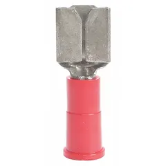 Red vinyl female quick disconnect with partial insulation for 22 AWG to 18 AWG wire. Used for making removable electrical connections in control panels, appliances, and automotive wiring.