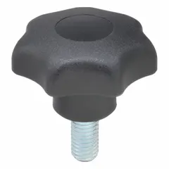 This 7-arm knob features a 50 mm diameter plastic body with a steel threaded stud. The M10 thread has a 20 mm length. It is used as a manual adjustment or clamping handle on industrial machinery, jigs, and fixtures, providing a secure grip for frequent hand-tightening operations.
