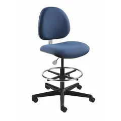 This ESD-safe task chair is suited for static-sensitive work areas. It features an armless design, fabric upholstery, a nylon base, and five casters. The seat measures 18 inches wide by 18 inches deep, with a height range of 24 to 34 inches. Integrated foot support aids in maintaining proper grounding.