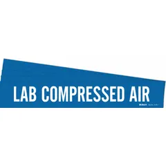 Blue adhesive pipe marker with white legend reading 'Lab Compressed Air'. Fits pipe outer diameters from 2-1/2 to 7-7/8 inches. Supplied without directional arrows. Pack of 5 markers for identifying compressed air lines in laboratory or facility piping systems.
