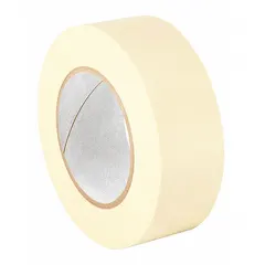 Tan crepe paper masking tape with rubber adhesive, 4.4 mil thick, 2 in wide, 120 yd length. Designed for indoor use on painted surfaces. Provides clean paint lines for painting, decorating, and light-duty industrial masking.