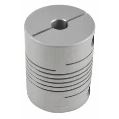 Flexible coupling made of aluminum with a 25 mm outside diameter. Used to connect two shafts in industrial automation and motion control systems, compensating for minor misalignment while transmitting torque. Helps protect connected equipment such as motors and encoders from vibration and wear.