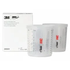 This 3M spray gun cup is a siphon feed cup made of plastic, part of the PPS series. It includes a hard cup and is compatible with the 3M 26000 model. The 2-pack is designed for use in industrial painting and coating applications where siphon feed is required.