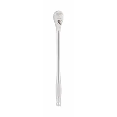 This standard-head ratchet features a pear head design with a chrome finish and is non-magnetic. It has a 9-inch overall length and a 4° minimum arc swing, allowing use in confined spaces. The reversible mechanism enables tightening and loosening of fasteners. Suitable for automotive, machinery, and general assembly tasks.