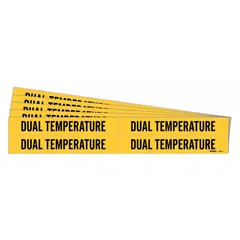 Yellow adhesive pipe markers with black legend reading 'Dual Temperature' for pipes with outer diameter 3/4 to 2-3/8 inches. Each pack contains 4 markers without arrows, sold in a 5-pack quantity. Used to identify pipes carrying fluids that operate at both hot and cold temperatures in industrial facilities, HVAC systems, and process plants.