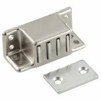 Steel magnetic catch with pull opening action, designed for push-to-close operation. Suitable for securing cabinet and enclosure doors in industrial settings. Height 13/16 in, width 1 15/16 in