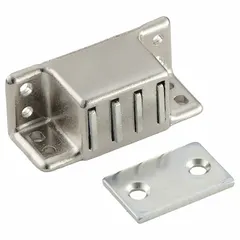 Steel magnetic catch with pull opening action, designed for push-to-close operation. Suitable for securing cabinet and enclosure doors in industrial settings. Height 13/16 in, width 1 15/16 in.