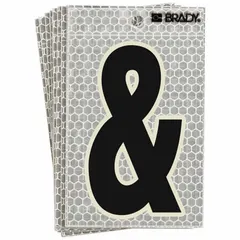 Individual character ampersand (&) label, 3-inch character height, black on silver reflective background. Gothic font, die cut, for indoor/outdoor use. Not self-spacing or self-aligning. Used for creating custom signage on equipment, panels, or safety markers in industrial facilities and warehouses.