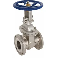 This SHARPE gate valve features a CF8M stainless steel body, wedge, and bonnet with a rising stem design for visual position indication. It has a Class 150 flange connection and a 275 psi CWP rating, operated by a handwheel. Suitable for on-off flow control in industrial piping systems handling petroleum, gas, and other fluids.