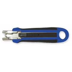 This automatic retracting utility knife features a rubberized grip and plastic body in black/blue with a 1-inch overall width. The blade retracts automatically when not in use, enhancing safety during cutting tasks. Suitable for cutting packaging, tape, cardboard, and other light-duty materials in warehouses and maintenance settings.