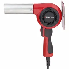 Standard pistol-grip heat gun operating on 115V AC with a three-prong plug and 14.5 A current. Kit includes one bare tool, three attachments, a carrying case, and a stand. Used for industrial heating tasks such as shrinking tubing, stripping paint, thawing pipes, and bending plastics.