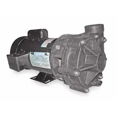 This centrifugal pump features a Noryl housing and impeller for chemical resistance. It operates on single-phase 115/230V AC power with a 2 hp maximum horsepower and 1 1/2 in NPT connections. The totally enclosed fan-cooled motor enclosure protects against harsh environments. Suitable for transferring corrosive fluids in industrial processing, water treatment, and chemical circulation systems.