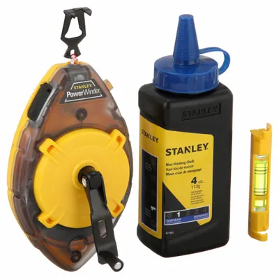 STANLEY Chalk Line Reel: 3.5:1, 100 ft Line Lg, Black/Yellow, 4 oz Fill Wt, Sliding Door - Chalk Line Reel Kits