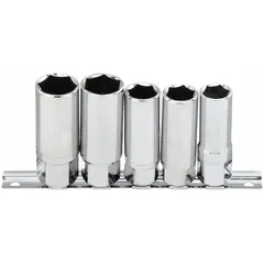 This 5-piece spark plug socket set includes six-point sockets ranging from 16 mm to 21 mm, all with a 1/2 in drive. Constructed from chrome, the set is used for removing and installing spark plugs in automotive and small-engine applications.