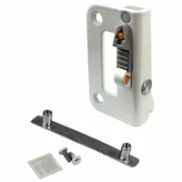 This dual-action window opening control device is constructed from stamped steel with a gloss white finish. It is designed for right-hand installation and measures 2 3/8 inches in length by 1 11/32 inches in width. Commonly used in commercial or industrial windows to facilitate secure opening and closing for ventilation or safety purposes