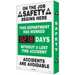 Aluminum sign with mounting holes, nominal size 28 in x 20 in. Operates on 110/120V AC and is controlled via remote control. Displays safety messages to track accident-free days in industrial facilities, warehouses, and manufacturing plants.