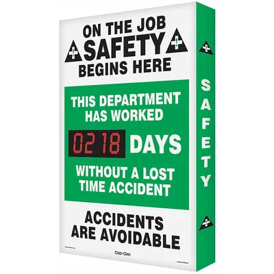 ACCUFORM Electronic Scoreboard: Aluminum, Mounting Holes Sign Mounting - On The Job Safety Begins Here This Department Has Worked ___ Days Without A Lost Time Accident Accidents Are Avoidable Safety Scoreboards