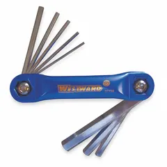 Folding hex key set with chrome finish. Contains 5 metric standard-end short keys. Includes organizer for compact storage. Used for tightening or loosening hex socket screws and bolts in assembly, maintenance, and repair tasks.