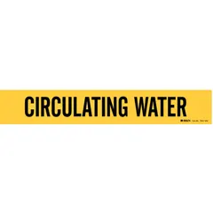 Yellow adhesive pipe marker with black legend reading 'Circulating Water'. Designed for pipe outer diameters of 8 inches and larger. Sold as a single marker without directional arrows. Used to identify pipes carrying circulating water in industrial piping systems.