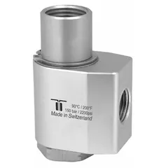 This MOSMATIC rotating joint is made of nickel-plated C38500 brass with a single passage and a 1/2 in threaded rotating shaft. It is rated for a maximum speed of 30 RPM. Commonly used in rotary applications such as packaging, printing, and material handling equipment to transfer fluid or gas from a stationary supply to rotating machinery.