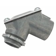 Zinc 90° pulling elbow connector for 1 in IMC or RMC conduit. Features 1 1/2 in overall length with 1"-11-1/2 NPS male-to-female threads. CSA Certified and UL Listed to UL 514B. Used to route and pull electrical conductors through conduit systems, providing a smooth turning point.