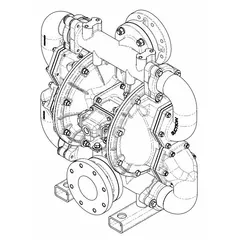 This air-operated double diaphragm pump features a cast iron housing with 4-inch flange connections and a maximum flow rate of 303 gpm. The seat and check valve are constructed of stainless steel. Typical applications include transfer of abrasive or corrosive fluids in industrial environments requiring self-priming operation.